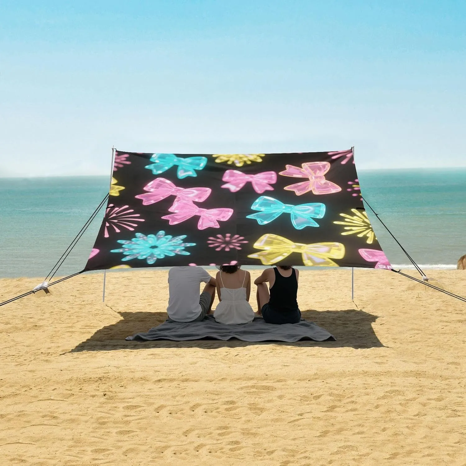 Beautiful Luminous Bows Fireworks Beach Canopy Tent Anti-UV & Wind Resistant, Camping Sun Shelter Easy Setup Portable,Outdoor Shade Tents with Sandbags,Sand Shovels,Ground Pegs & Stability Pole
