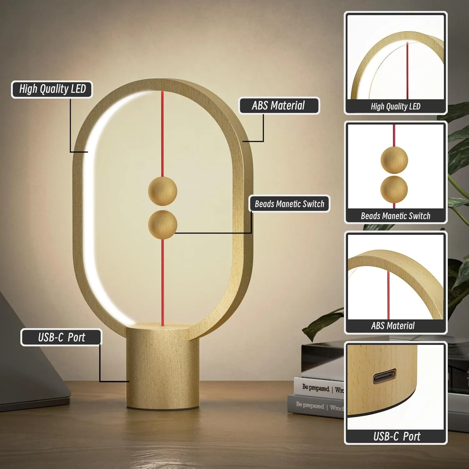 Bedroom Lamps - Mini Balance Lamps, Birthday Gifts, Bedside and Nightstand Lights, Plug-in Night Lights with Magnetic Base for Home, Office, and College Dorm (Wood Color)