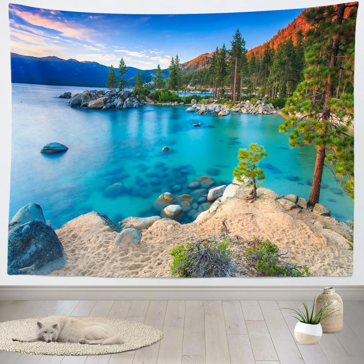 BELECO Mountain Lake Tapestry Wall Hanging - Ocean Blue Lake View, Sand Beach, Green Forest Pine Trees Landscape for Bedroom, Aesthetic Living Room, Dorm Decor - 106x70 Inch