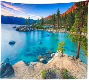 BELECO Mountain Lake Tapestry Wall Hanging - Ocean Blue Lake View, Sand Beach, Green Forest Pine Trees Landscape for Bedroom, Aesthetic Living Room, Dorm Decor - 106x70 Inch