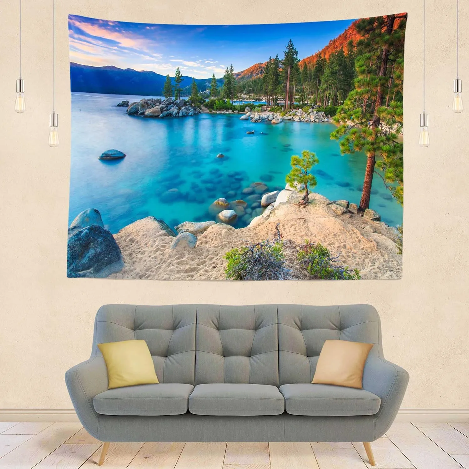 BELECO Mountain Lake Tapestry Wall Hanging - Ocean Blue Lake View, Sand Beach, Green Forest Pine Trees Landscape for Bedroom, Aesthetic Living Room, Dorm Decor - 106x70 Inch