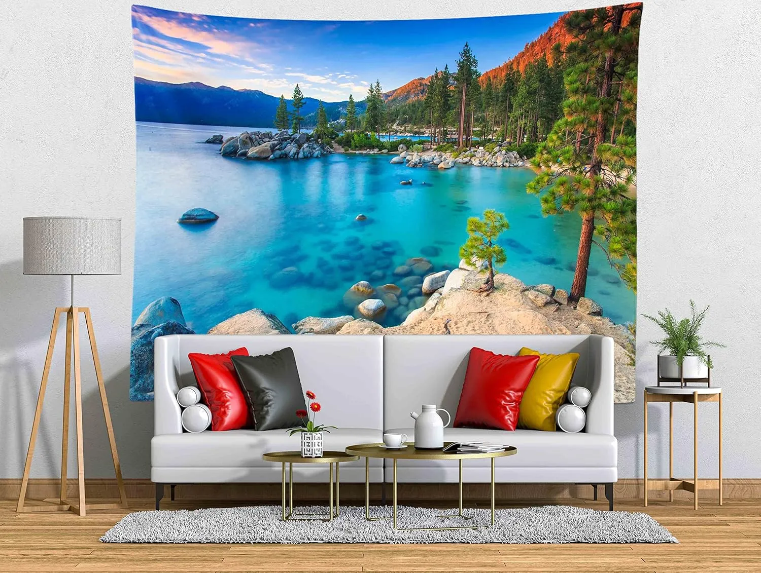 BELECO Mountain Lake Tapestry Wall Hanging - Ocean Blue Lake View, Sand Beach, Green Forest Pine Trees Landscape for Bedroom, Aesthetic Living Room, Dorm Decor - 106x70 Inch
