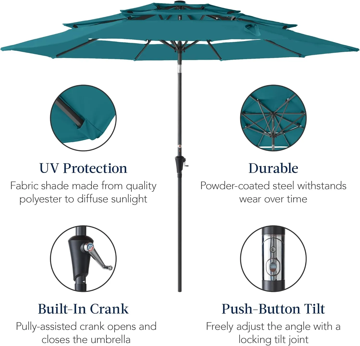 Best Choice Products 10ft 3-Tier Market Patio Umbrella, Outdoor Sun Shade with Tilt, Crank Lift, 8 Ribs for Backyard, Deck, Poolside – Cerulean