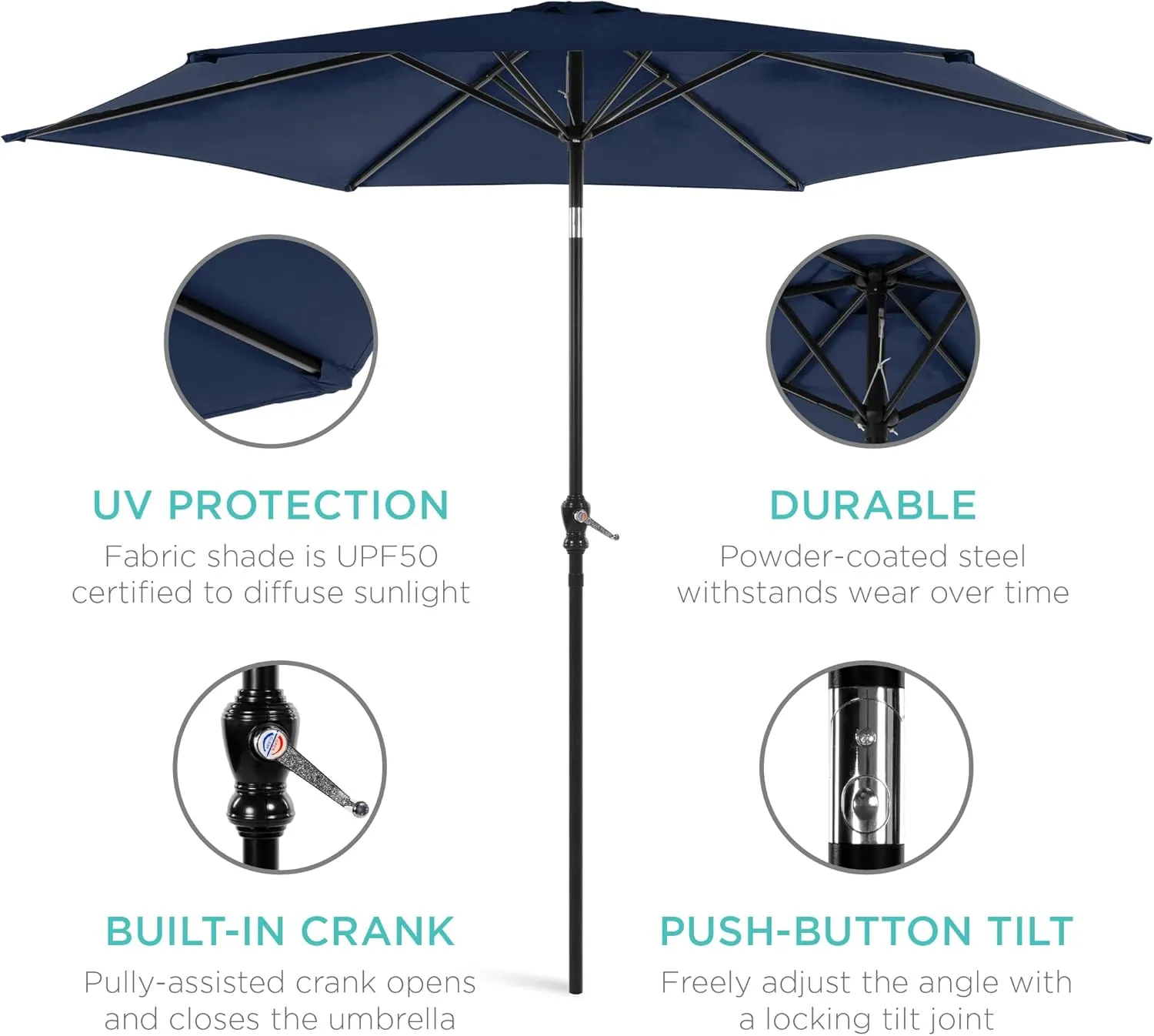 Best Choice Products 10ft Outdoor Steel Polyester Market Patio Umbrella w/Crank, Easy Push Button, Tilt, Table Compatible - Navy Blue
