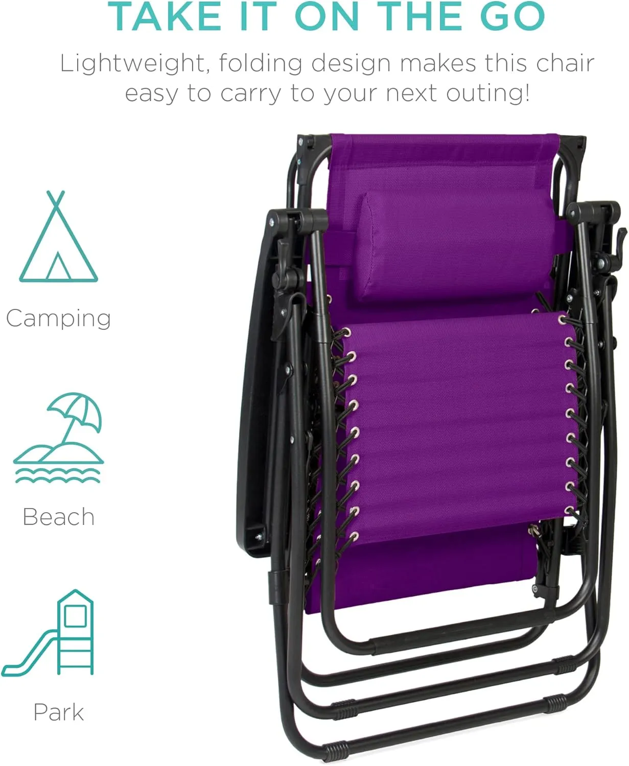 Best Choice Products Folding Zero Gravity Outdoor Recliner Patio Lounge Chair w/Adjustable Canopy Shade, Headrest, Side Accessory Tray, Textilene Mesh - Amethyst Purple