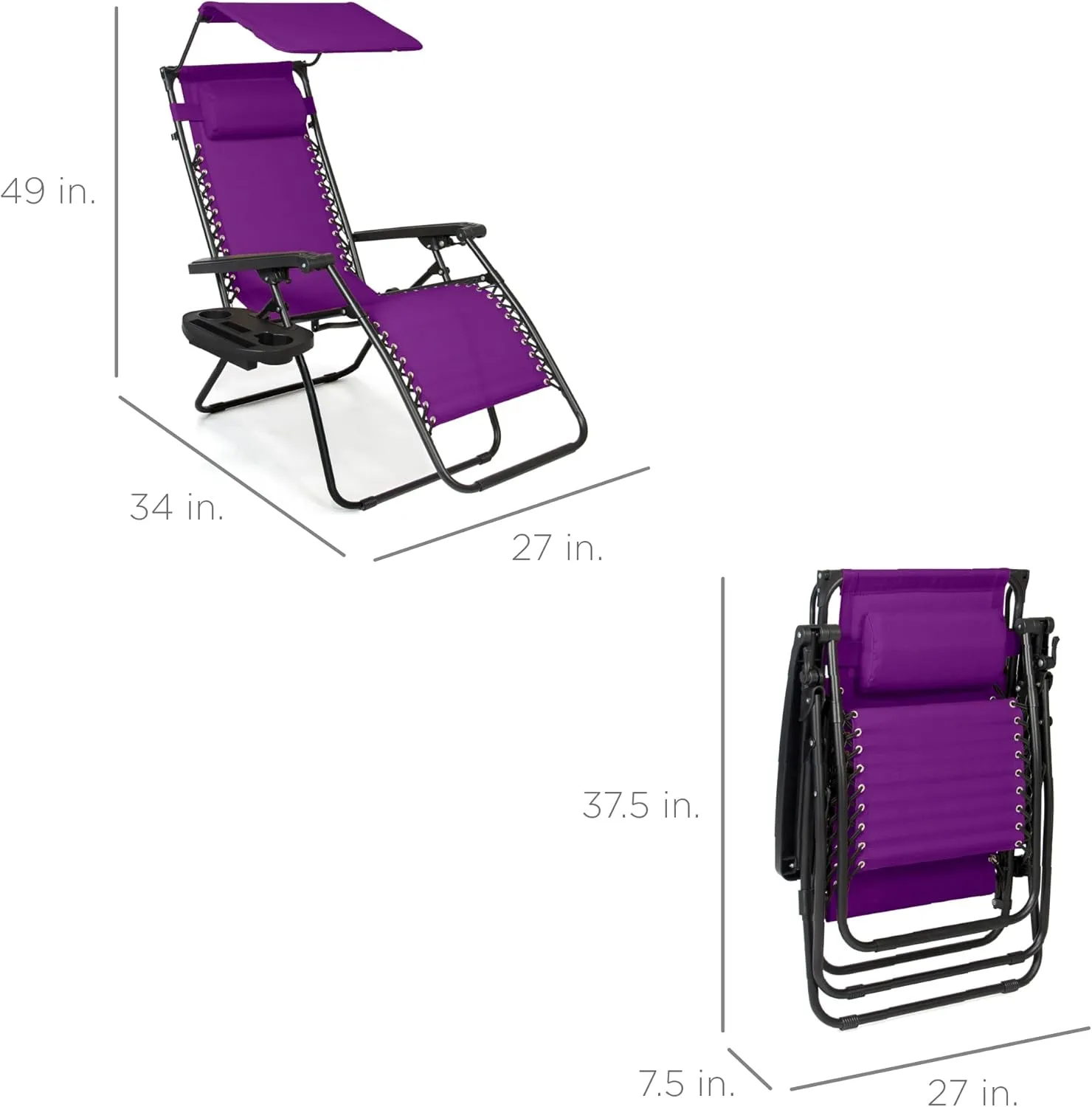 Best Choice Products Folding Zero Gravity Outdoor Recliner Patio Lounge Chair w/Adjustable Canopy Shade, Headrest, Side Accessory Tray, Textilene Mesh - Amethyst Purple