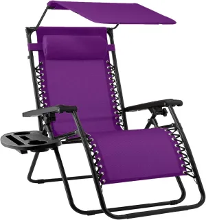 Best Choice Products Folding Zero Gravity Outdoor Recliner Patio Lounge Chair w/Adjustable Canopy Shade, Headrest, Side Accessory Tray, Textilene Mesh - Amethyst Purple