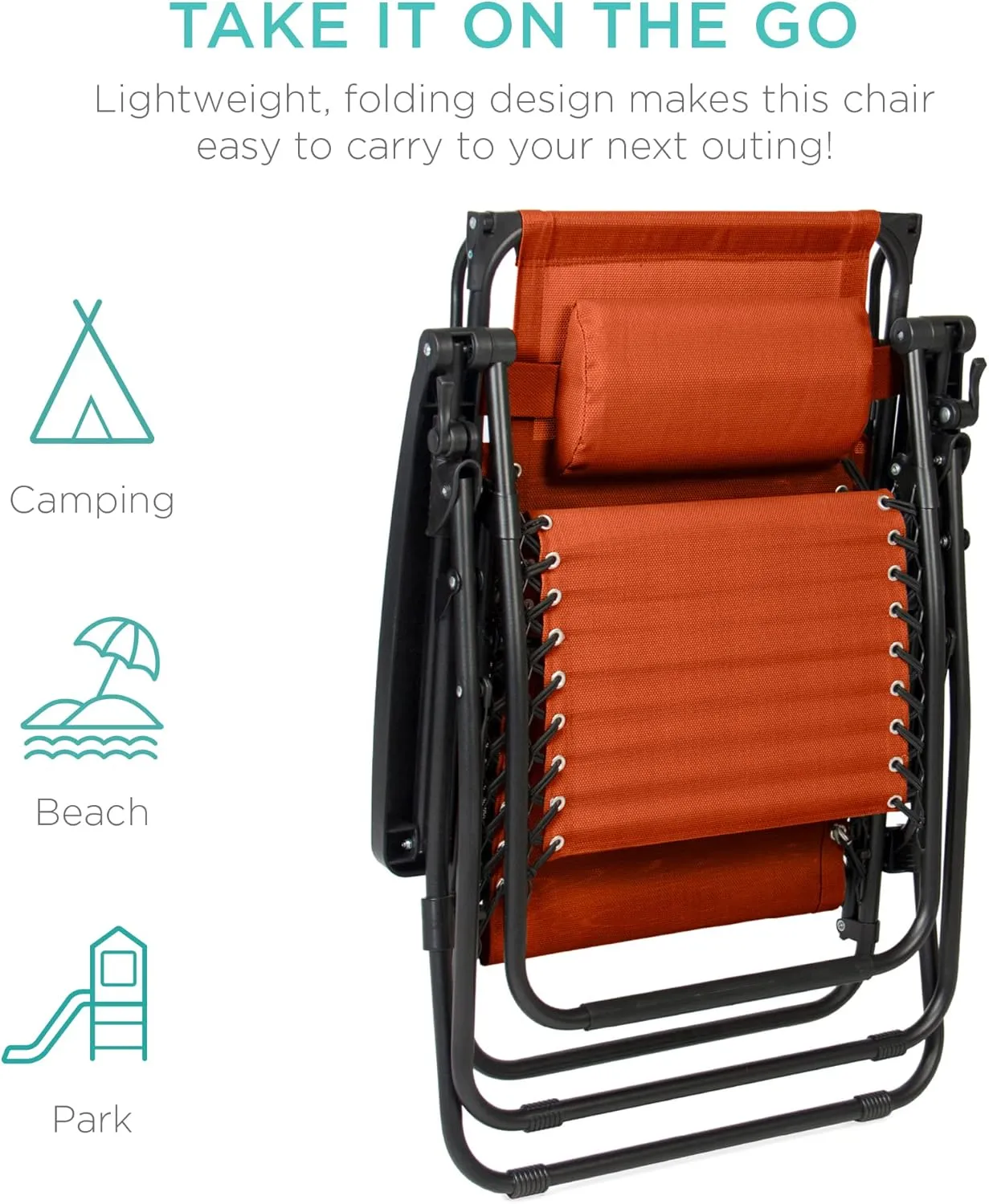 Best Choice Products Folding Zero Gravity Outdoor Recliner Patio Lounge Chair w/Adjustable Canopy Shade, Headrest, Side Accessory Tray, Textilene Mesh - Burnt Orange