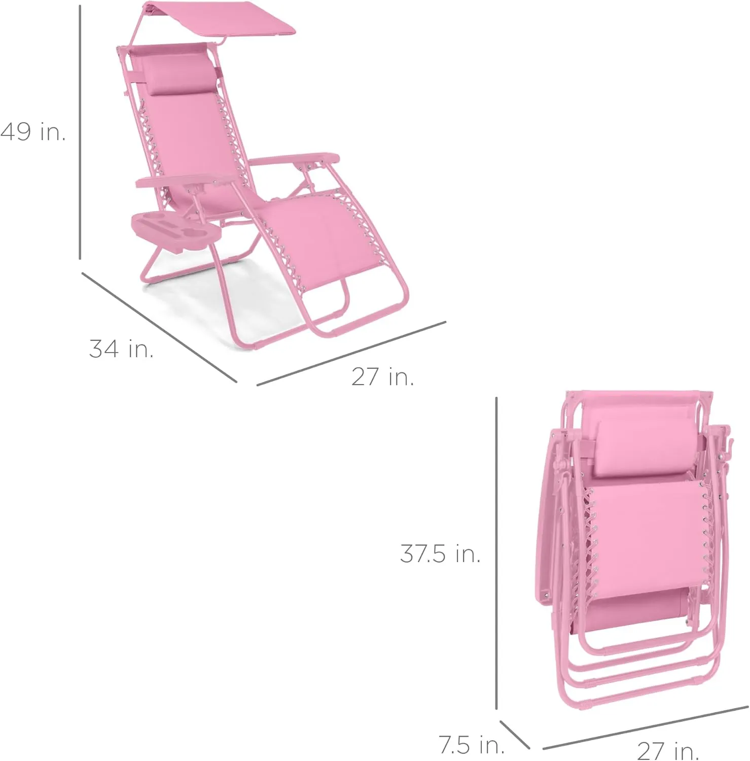 Best Choice Products Folding Zero Gravity Outdoor Recliner Patio Lounge Chair w/Adjustable Canopy Shade, Headrest, Side Accessory Tray, Textilene Mesh - Carnation
