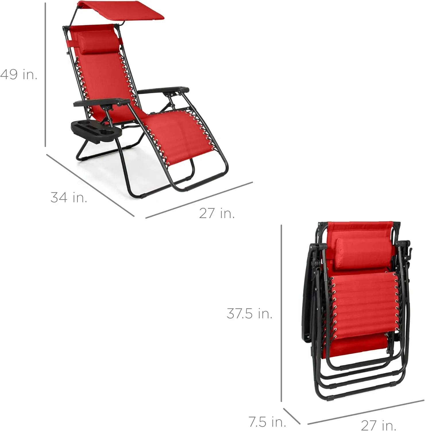 Best Choice Products Folding Zero Gravity Outdoor Recliner Patio Lounge Chair w/Adjustable Canopy Shade, Headrest, Side Accessory Tray, Textilene Mesh - Crimson Red