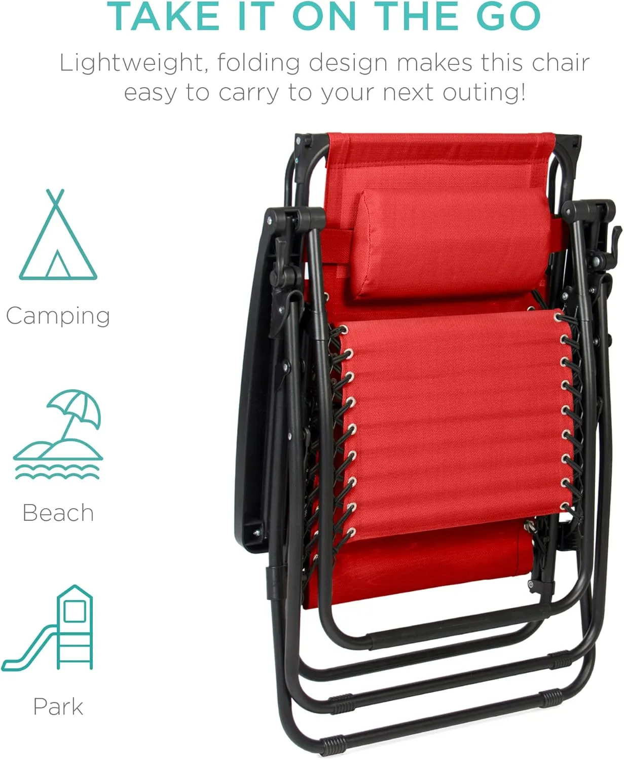 Best Choice Products Folding Zero Gravity Outdoor Recliner Patio Lounge Chair w/Adjustable Canopy Shade, Headrest, Side Accessory Tray, Textilene Mesh - Crimson Red