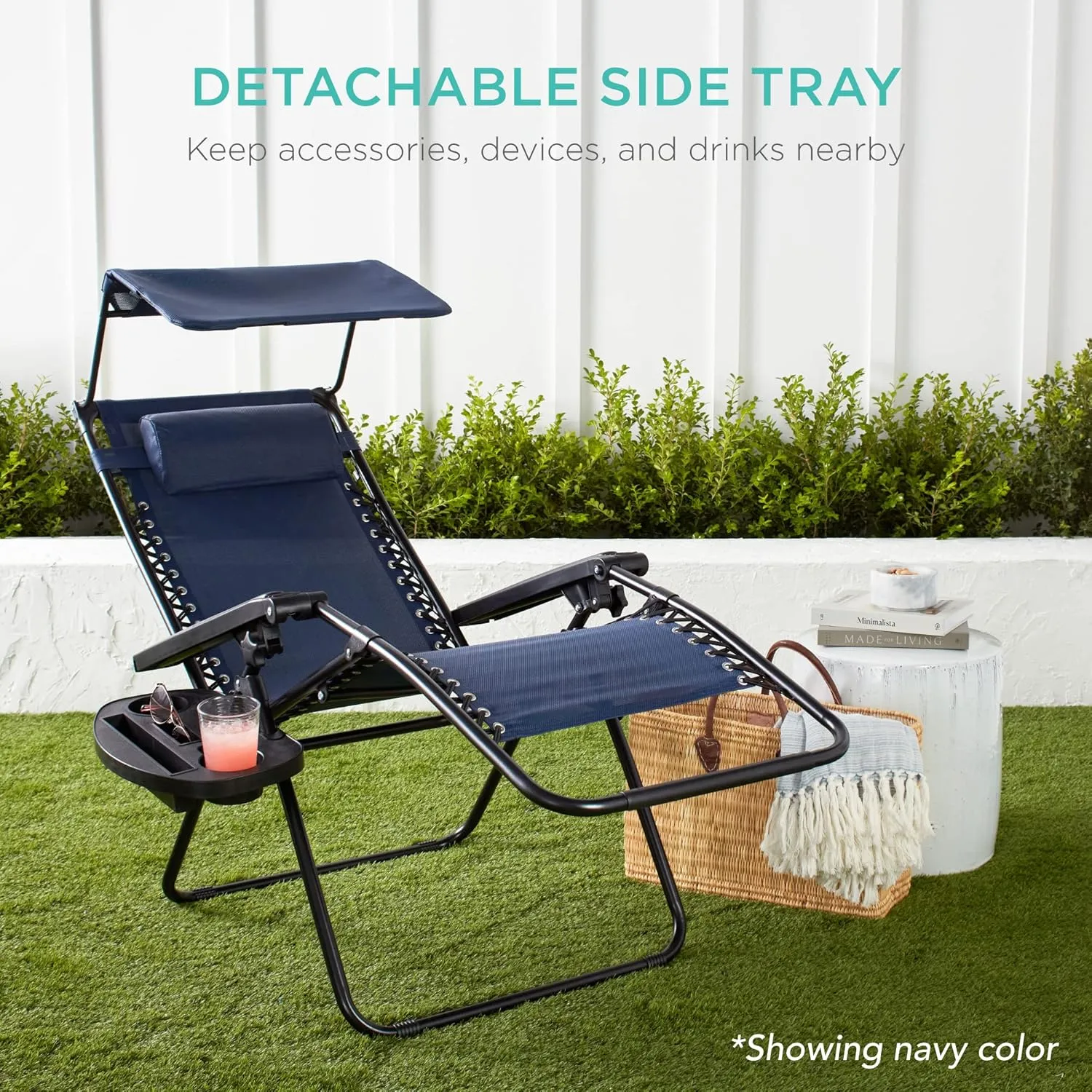 Best Choice Products Folding Zero Gravity Outdoor Recliner Patio Lounge Chair w/Adjustable Canopy Shade, Headrest, Side Accessory Tray, Textilene Mesh - Sage Green