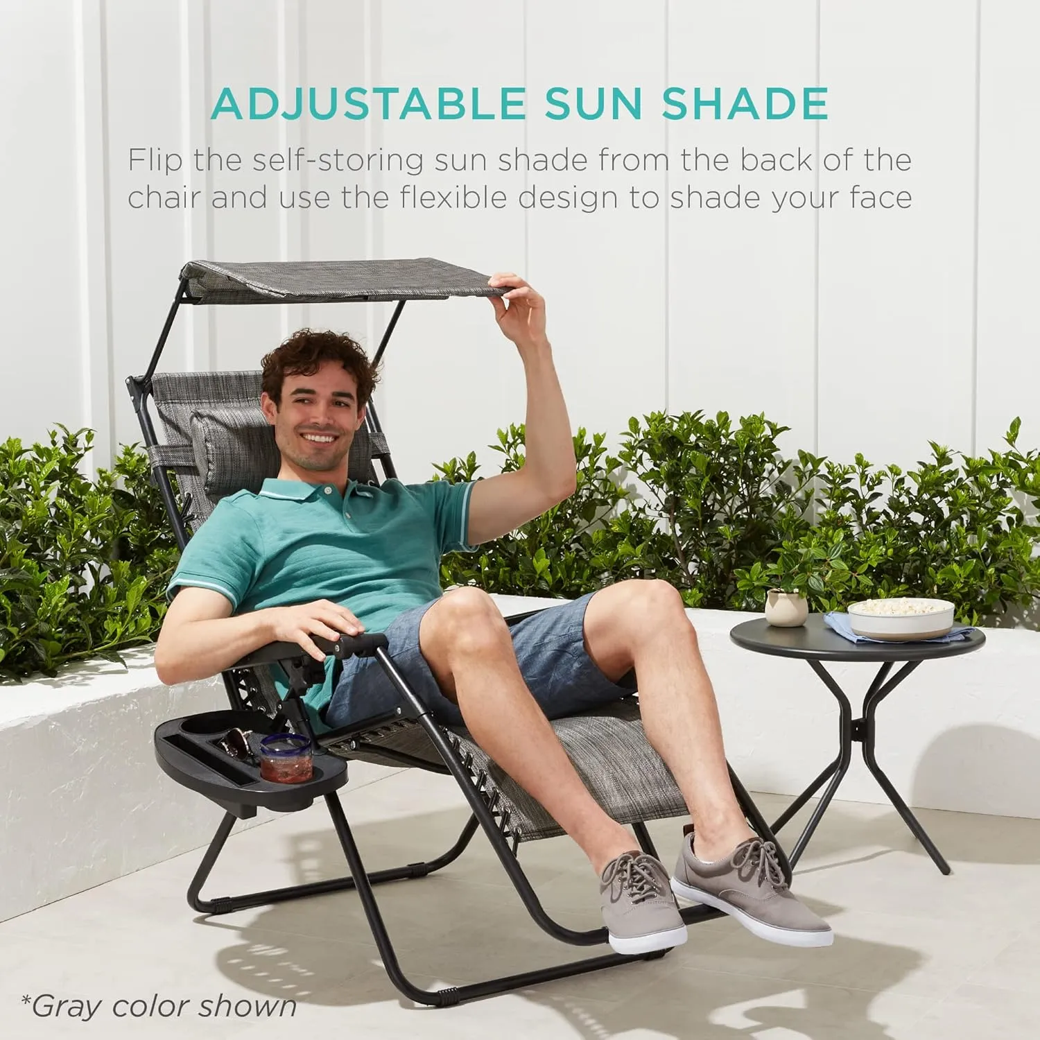 Best Choice Products Folding Zero Gravity Outdoor Recliner Patio Lounge Chair w/Adjustable Canopy Shade, Headrest, Side Accessory Tray, Textilene Mesh - Sage Green