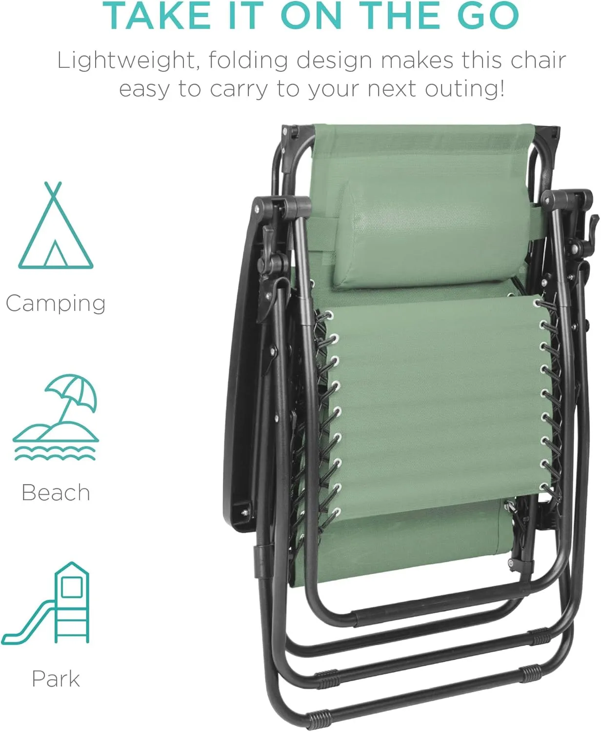 Best Choice Products Folding Zero Gravity Outdoor Recliner Patio Lounge Chair w/Adjustable Canopy Shade, Headrest, Side Accessory Tray, Textilene Mesh - Sage Green