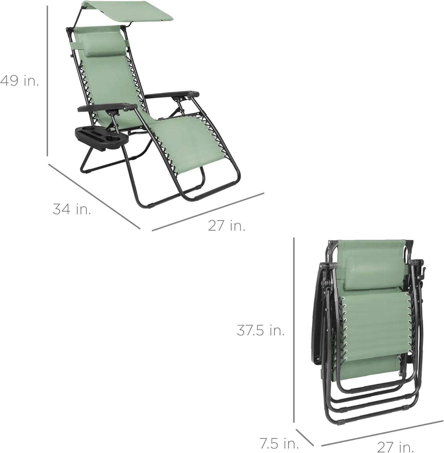 Best Choice Products Folding Zero Gravity Outdoor Recliner Patio Lounge Chair w/Adjustable Canopy Shade, Headrest, Side Accessory Tray, Textilene Mesh - Sage Green