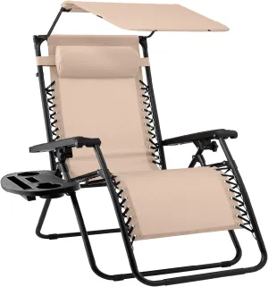 Best Choice Products Folding Zero Gravity Outdoor Recliner Patio Lounge Chair w/Adjustable Canopy Shade, Headrest, Side Accessory Tray, Textilene Mesh - Sand