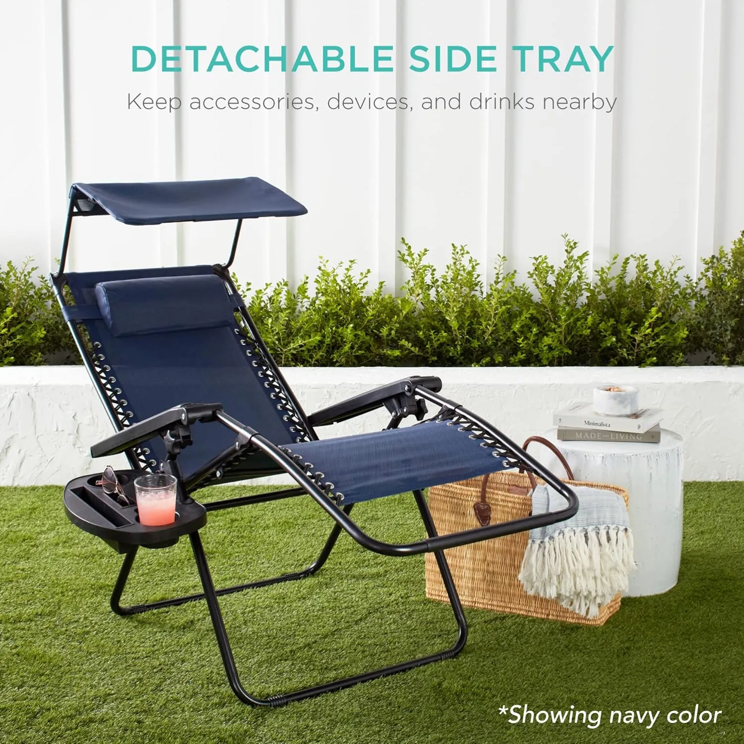 Best Choice Products Folding Zero Gravity Outdoor Recliner Patio Lounge Chair w/Adjustable Canopy Shade, Headrest, Side Accessory Tray, Textilene Mesh - Sand