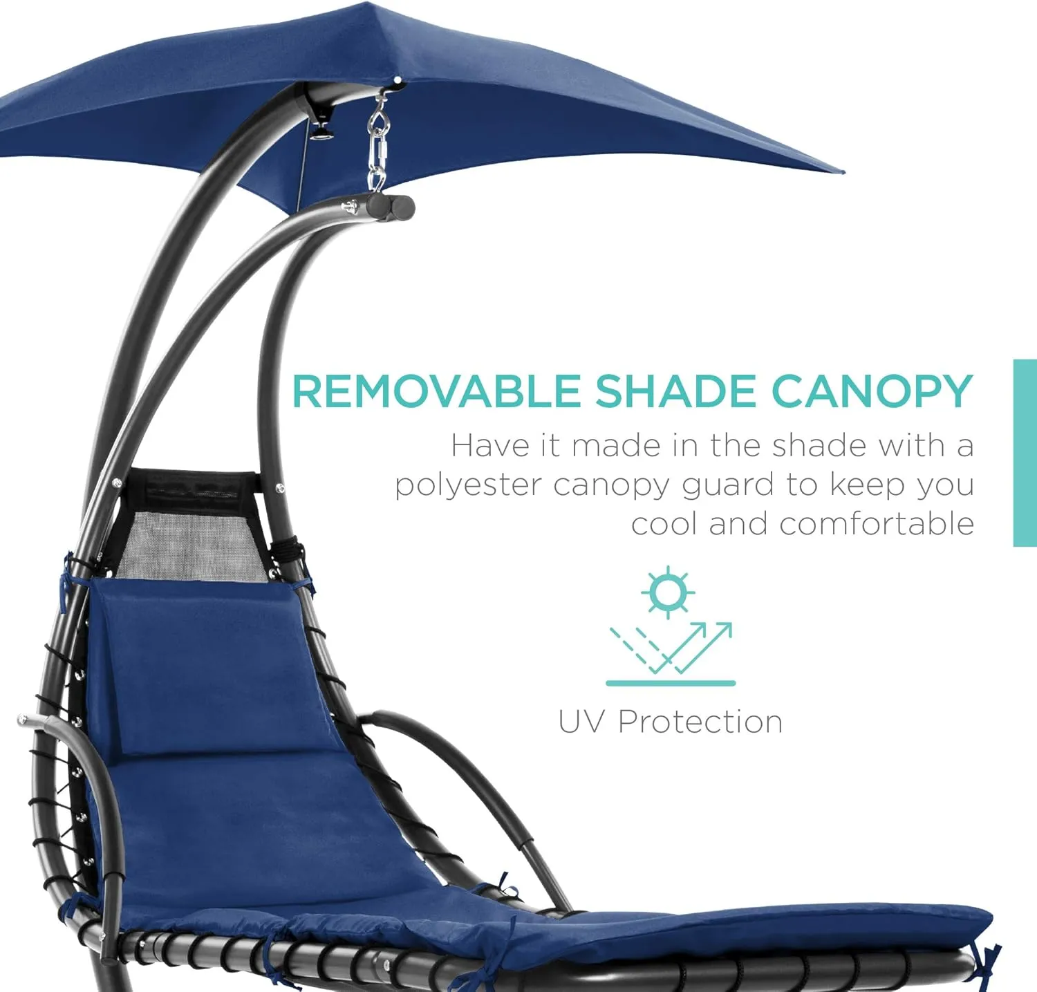 Best Choice Products Outdoor Hanging Curved Steel Chaise Lounge Chair Swing w/Built-in Pillow and Removable Canopy - Navy Blue