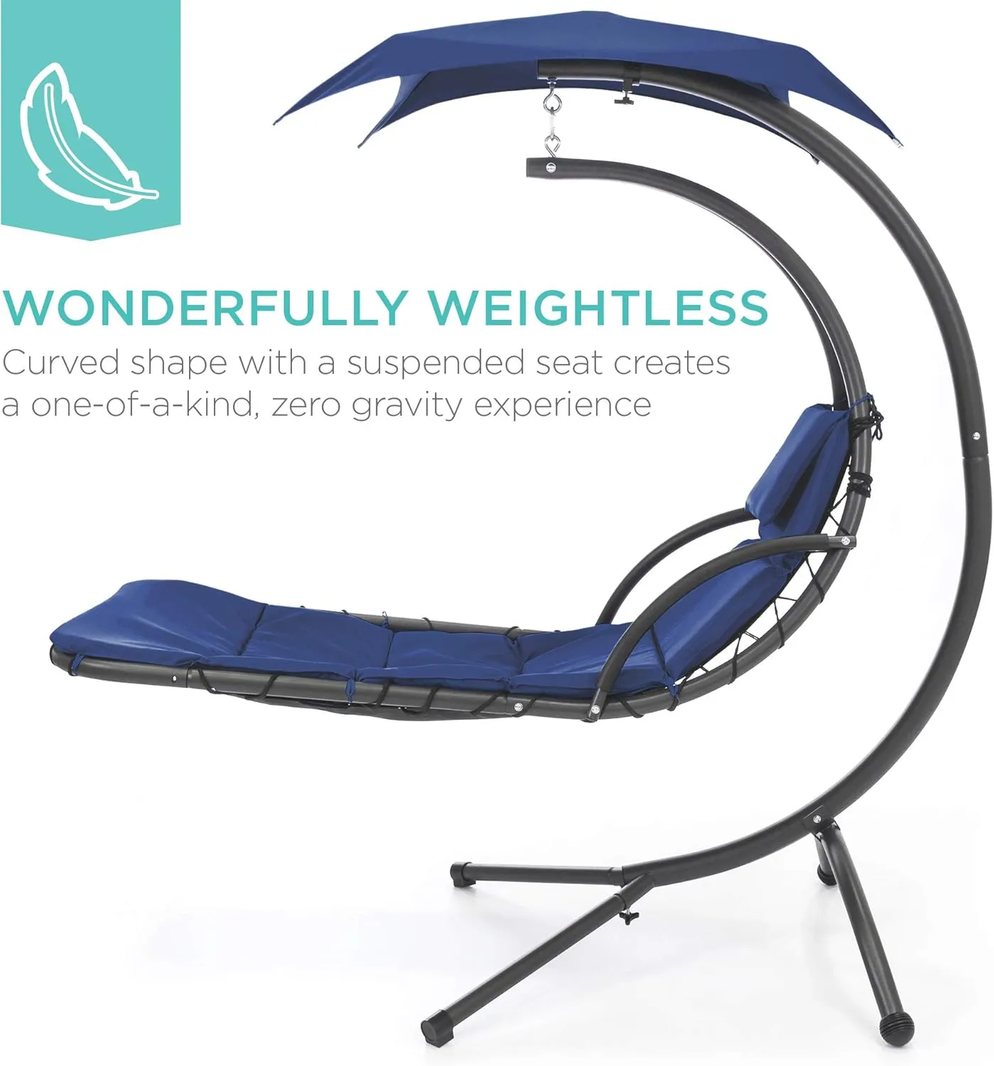 Best Choice Products Outdoor Hanging Curved Steel Chaise Lounge Chair Swing w/Built-in Pillow and Removable Canopy - Navy Blue