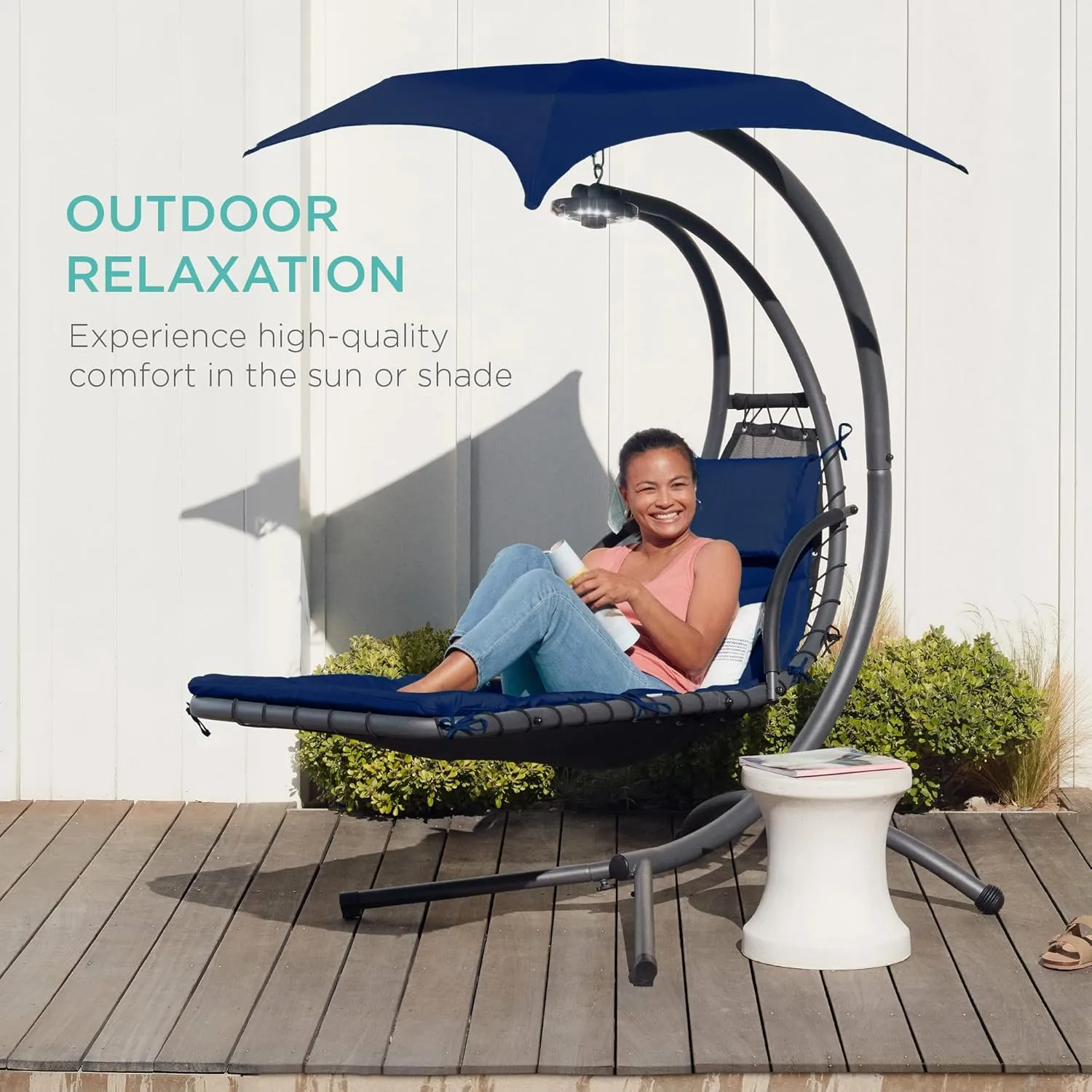 Best Choice Products Outdoor Hanging Curved Steel Chaise Lounge Chair Swing w/Built-in Pillow and Removable Canopy - Navy Blue