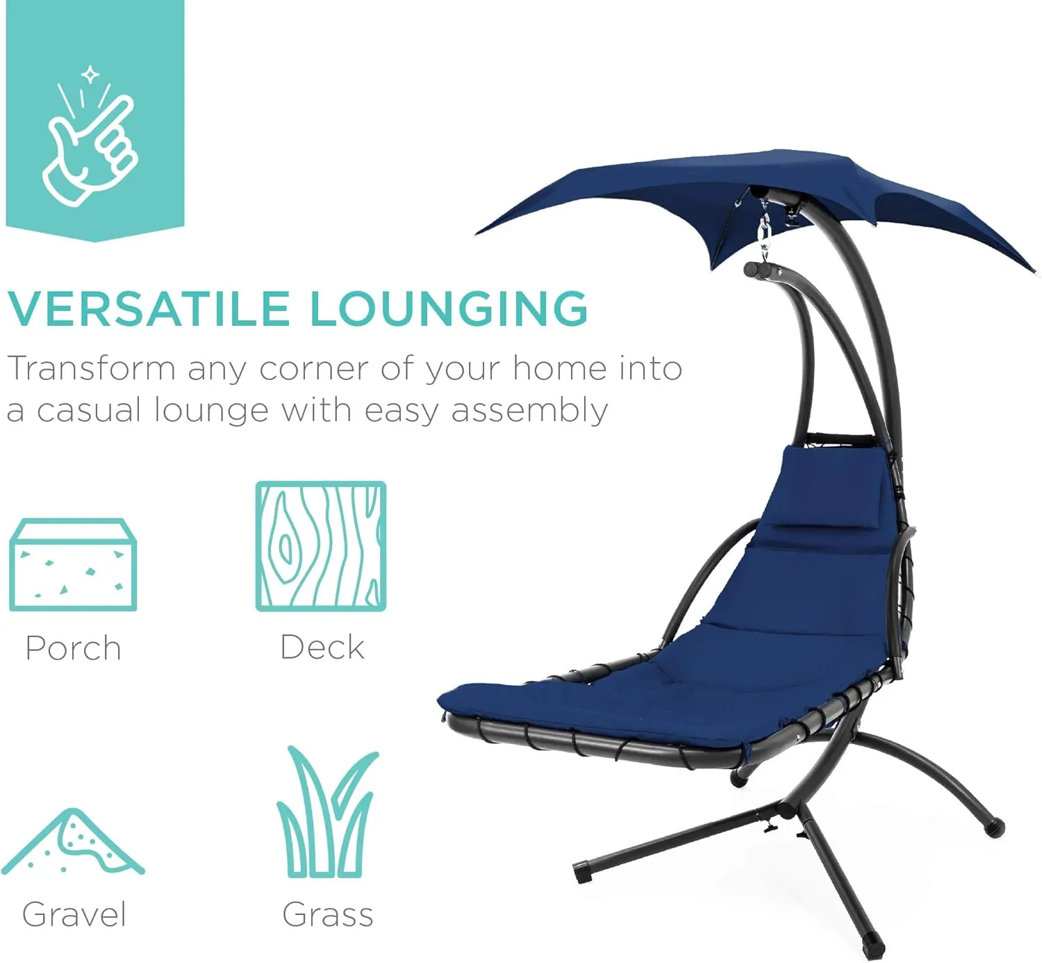 Best Choice Products Outdoor Hanging Curved Steel Chaise Lounge Chair Swing w/Built-in Pillow and Removable Canopy - Navy Blue