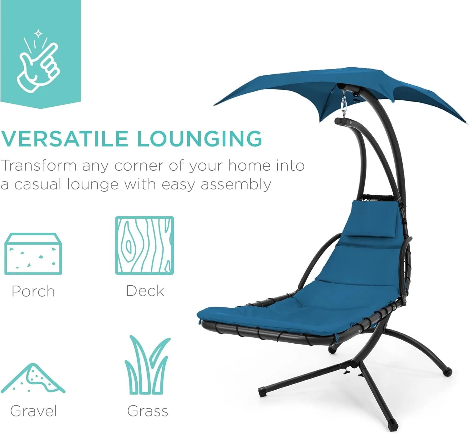 Best Choice Products Outdoor Hanging Curved Steel Chaise Lounge Chair Swing w/Built-in Pillow and Removable Canopy - Peacock Blue