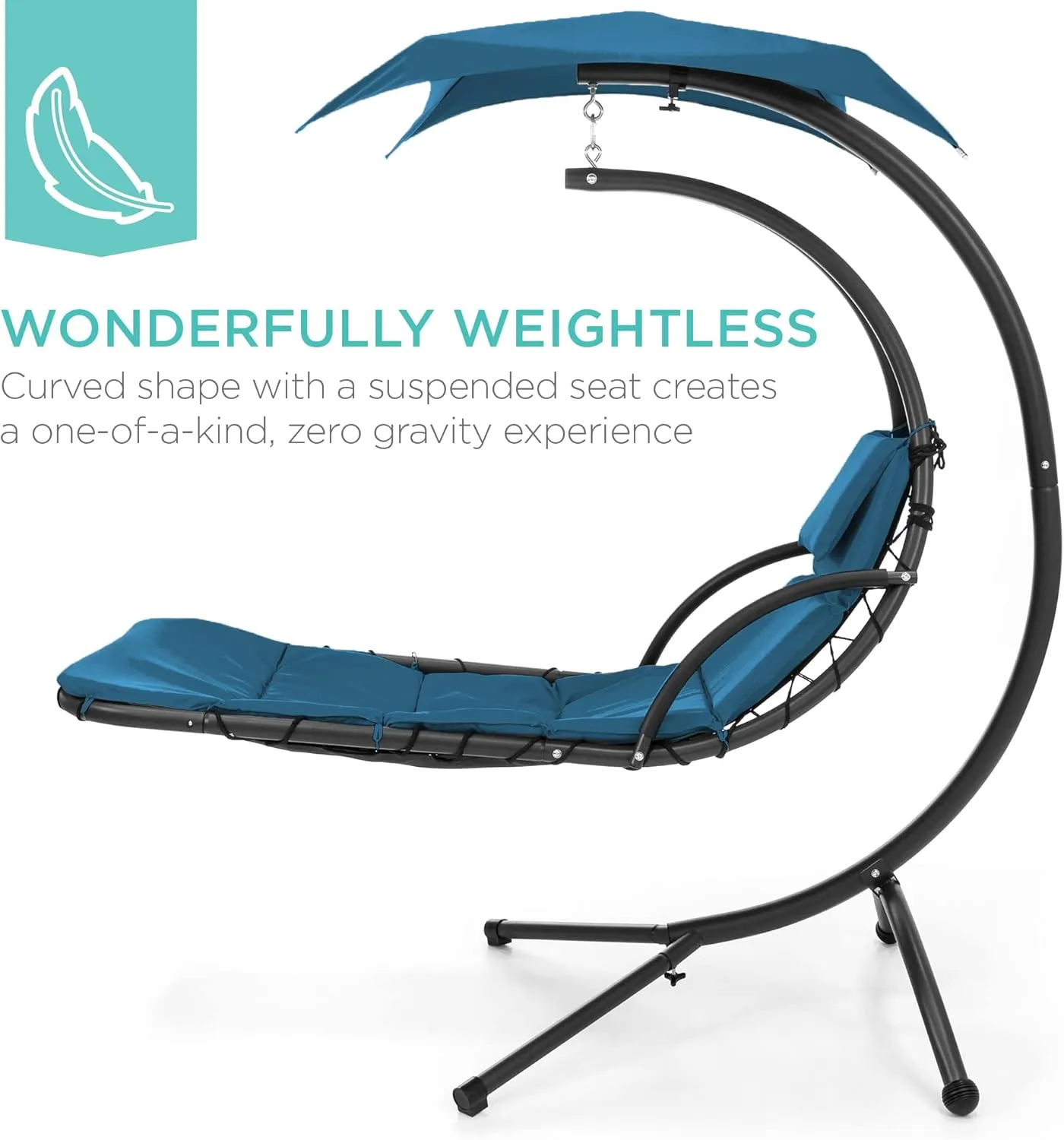 Best Choice Products Outdoor Hanging Curved Steel Chaise Lounge Chair Swing w/Built-in Pillow and Removable Canopy - Peacock Blue