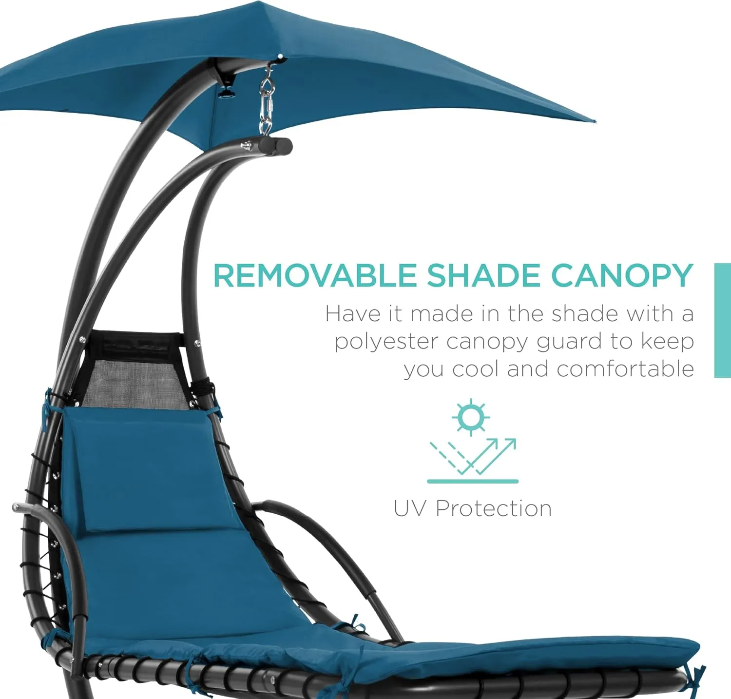 Best Choice Products Outdoor Hanging Curved Steel Chaise Lounge Chair Swing w/Built-in Pillow and Removable Canopy - Peacock Blue