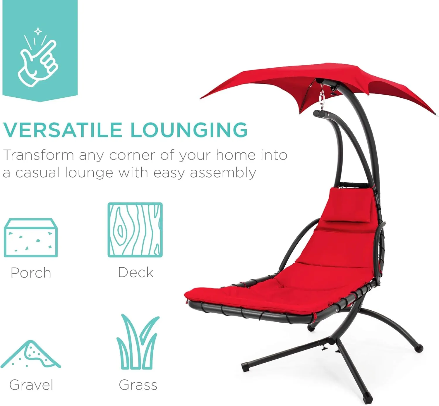 Best Choice Products Outdoor Hanging Curved Steel Chaise Lounge Chair Swing w/Built-in Pillow and Removable Canopy -Red