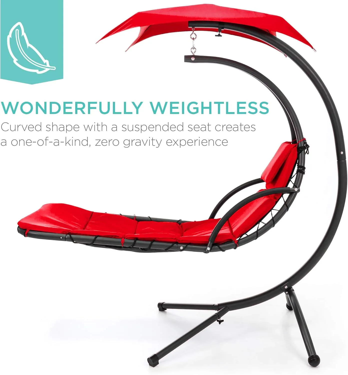 Best Choice Products Outdoor Hanging Curved Steel Chaise Lounge Chair Swing w/Built-in Pillow and Removable Canopy -Red