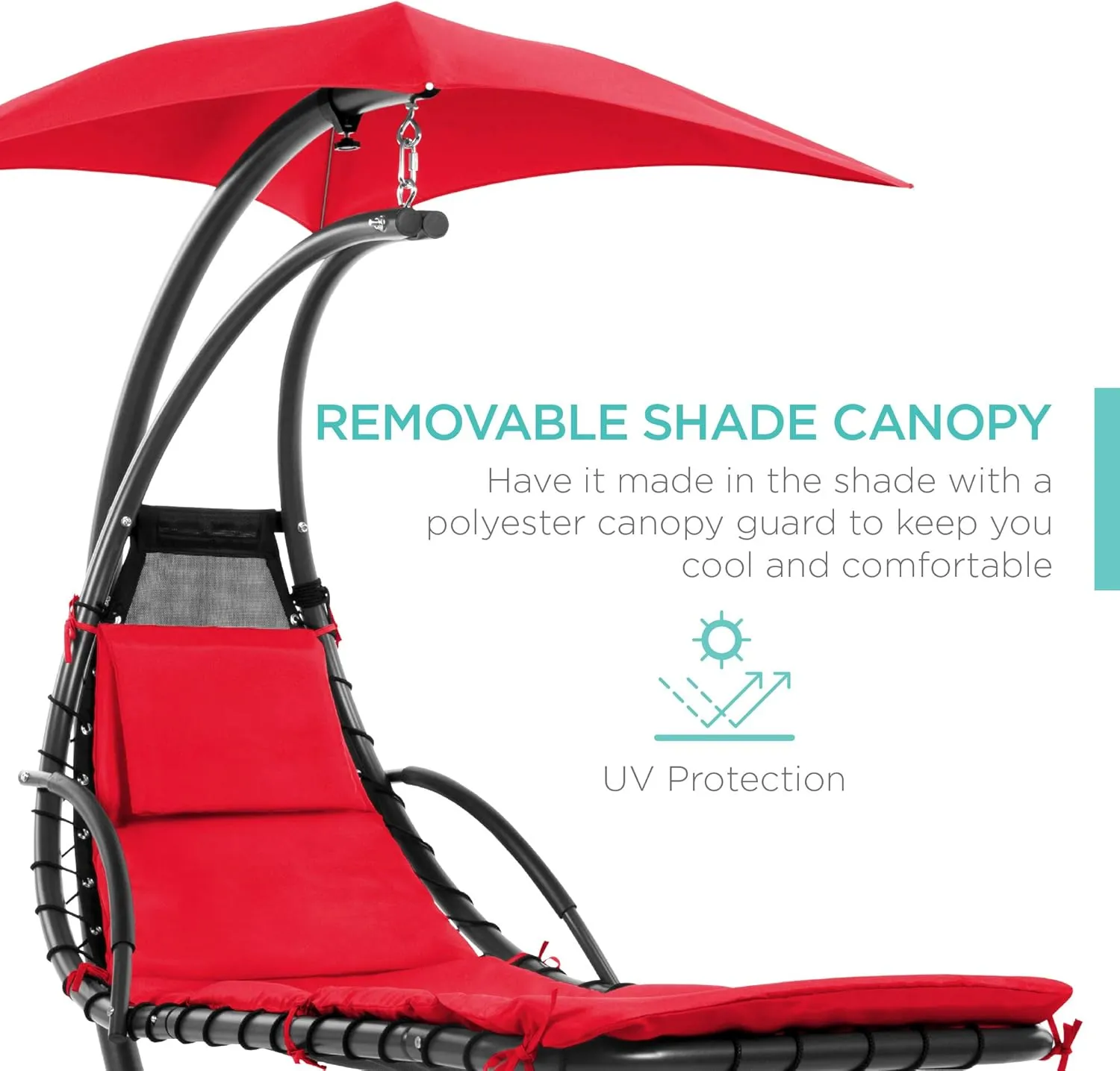 Best Choice Products Outdoor Hanging Curved Steel Chaise Lounge Chair Swing w/Built-in Pillow and Removable Canopy -Red