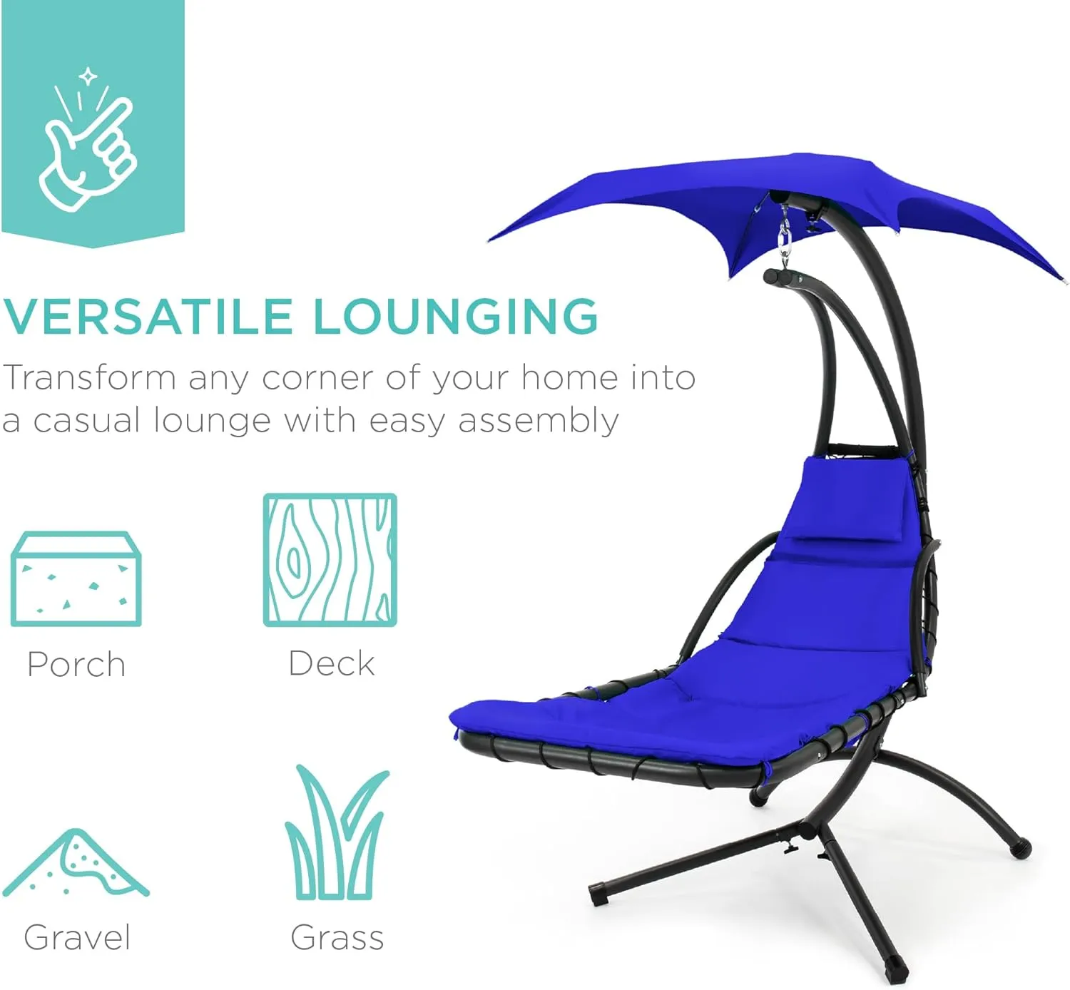 Best Choice Products Outdoor Hanging Curved Steel Chaise Lounge Chair Swing w/Built-in Pillow and Removable Canopy - Resort Blue