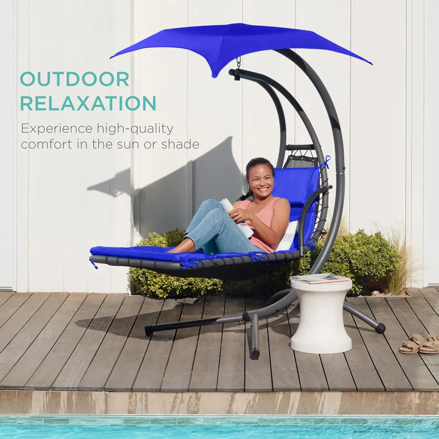 Best Choice Products Outdoor Hanging Curved Steel Chaise Lounge Chair Swing w/Built-in Pillow and Removable Canopy - Resort Blue