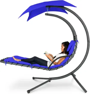 Best Choice Products Outdoor Hanging Curved Steel Chaise Lounge Chair Swing w/Built-in Pillow and Removable Canopy - Resort Blue