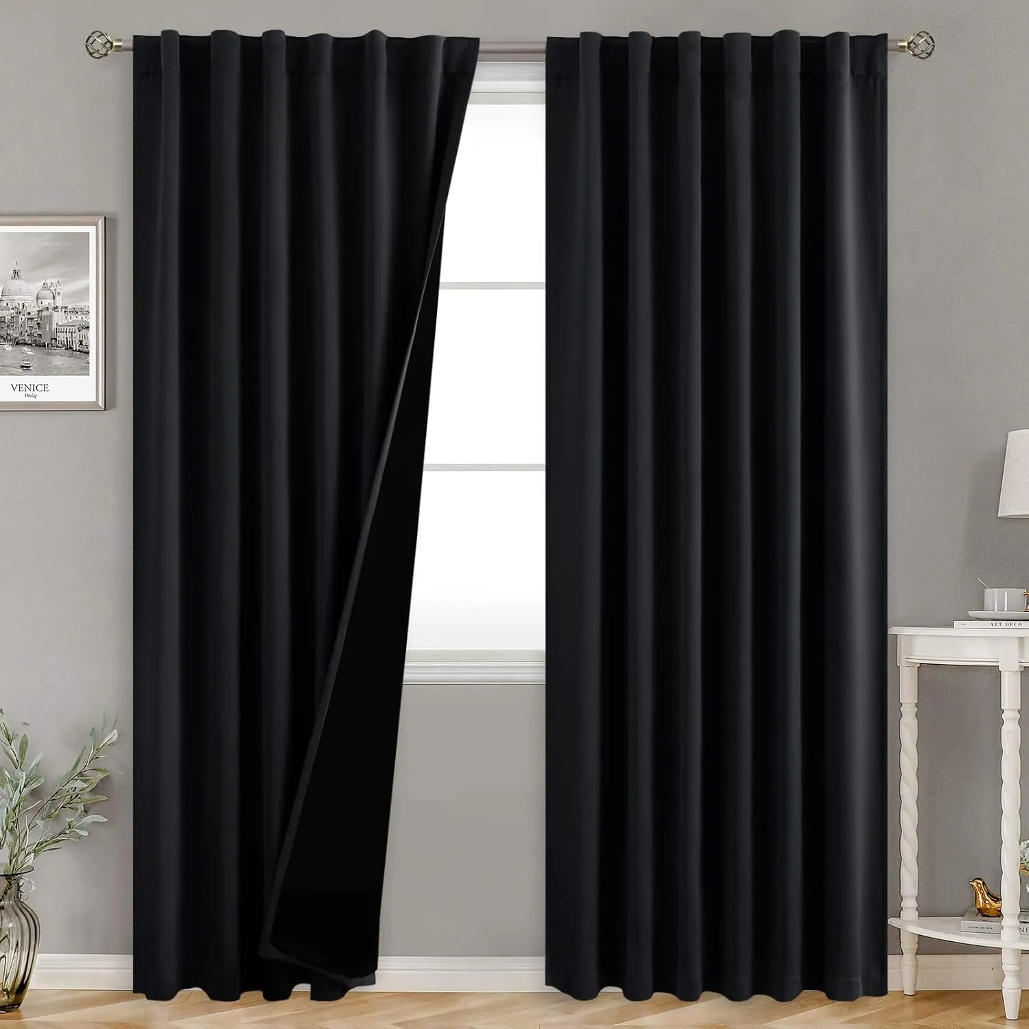 BGment Full Blackout Curtains with Thermal Insulation Liner Curtains 84 Inches Long, Rod Pocket and Back Tab Double Layer Room Darkening Window Curtain for Bedroom(52 x 84 Inch, 2 Panels, Black)