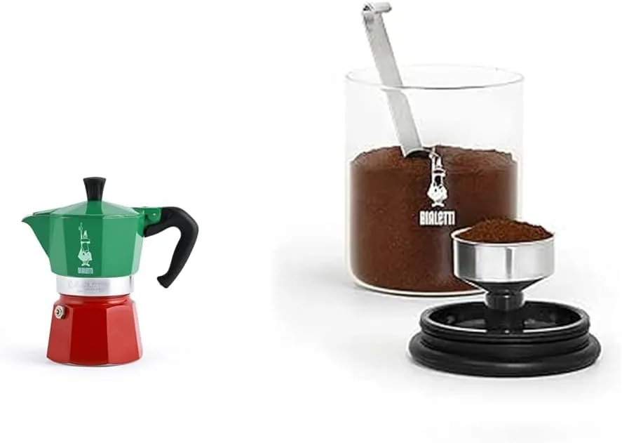Bialetti Moka Express Espresso Maker Bundle with Smart Coffee Jar, Stovetop Pot Makes 6 Cups Coffee, 250g Glass Jar Preserves Aroma