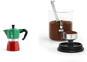 Bialetti Moka Express Espresso Maker Bundle with Smart Coffee Jar, Stovetop Pot Makes 6 Cups Coffee, 250g Glass Jar Preserves Aroma