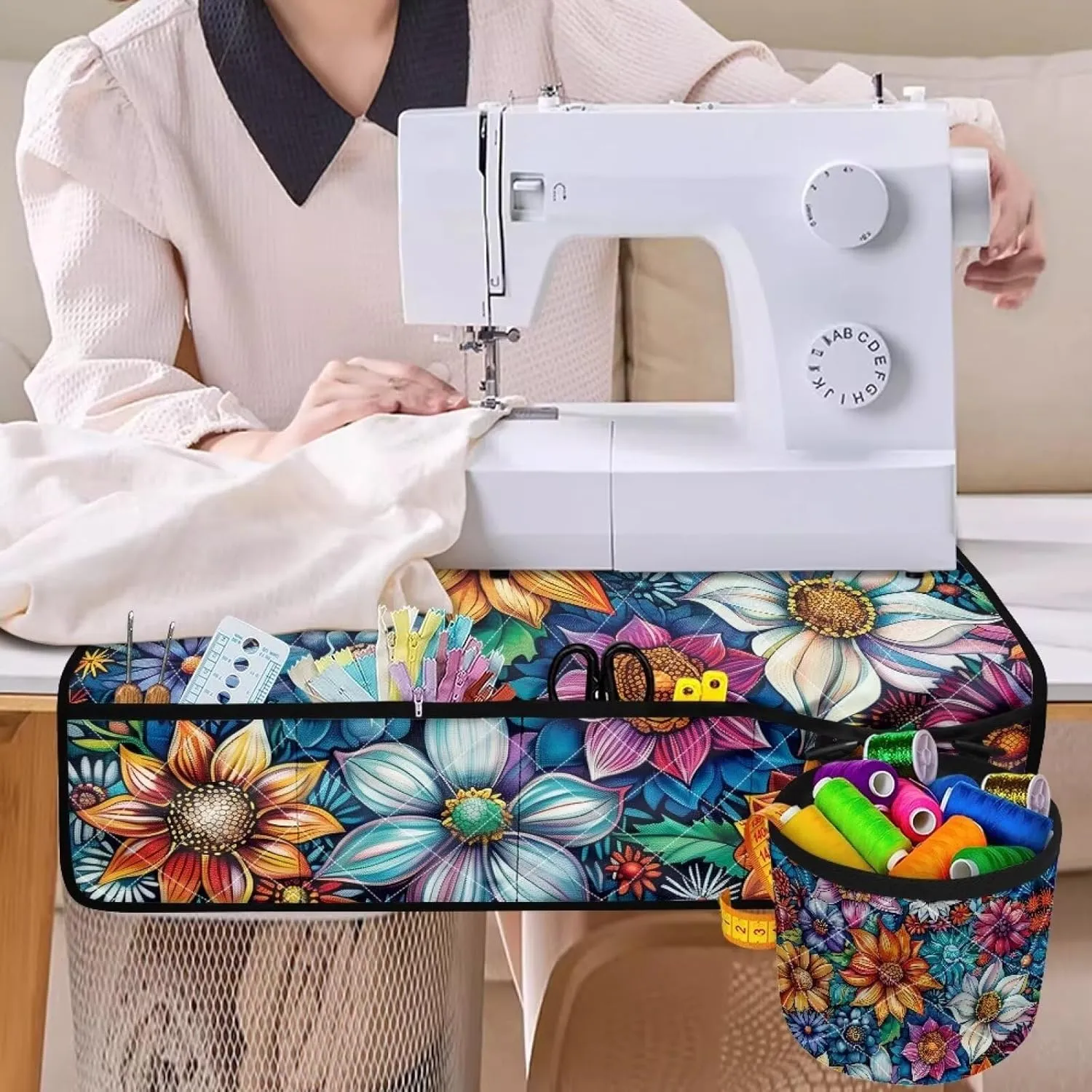 Big Floral Premium Sewing Machine Pad with Pocket - Anti-Slip Noise Reduction Mat for Sewing Machine Fits Sewing Machine Tables and Sewing Tables