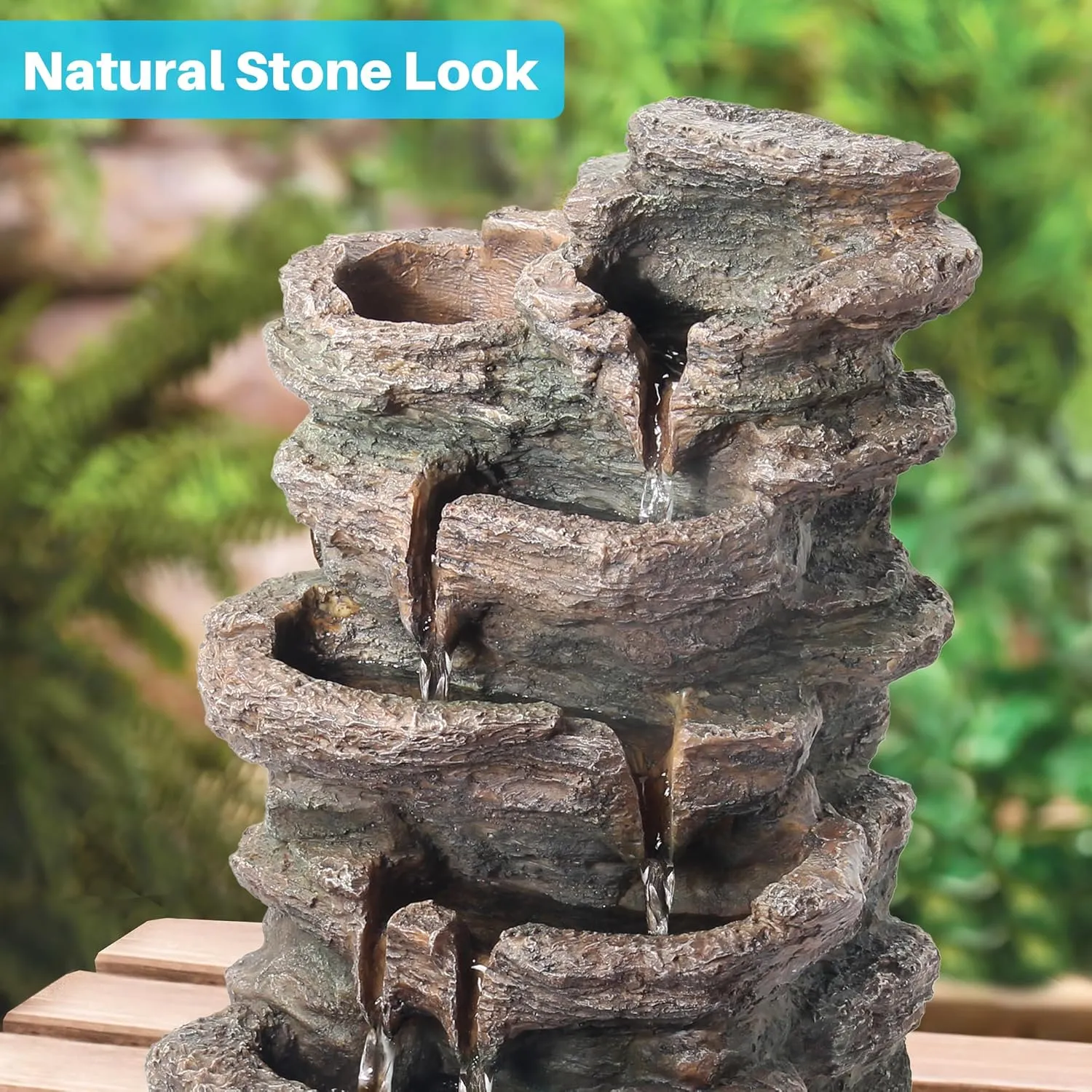 Biling 5-Tier Cascading Rock Outdoor Water Fountain with LED Lights and Artificial Fern, Outdoor Fountains and Waterfalls with Natural Stone Look for Garden, Patio, Backyard, Deck (Brown)