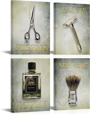 Biuteawal Barbershop Theme Wall Art Barber Scissors Lather Shave Trim Tools Picture Print on Canvas 4 Panel Vintage Artwork Hair Salon Home Men Bathroom Decor