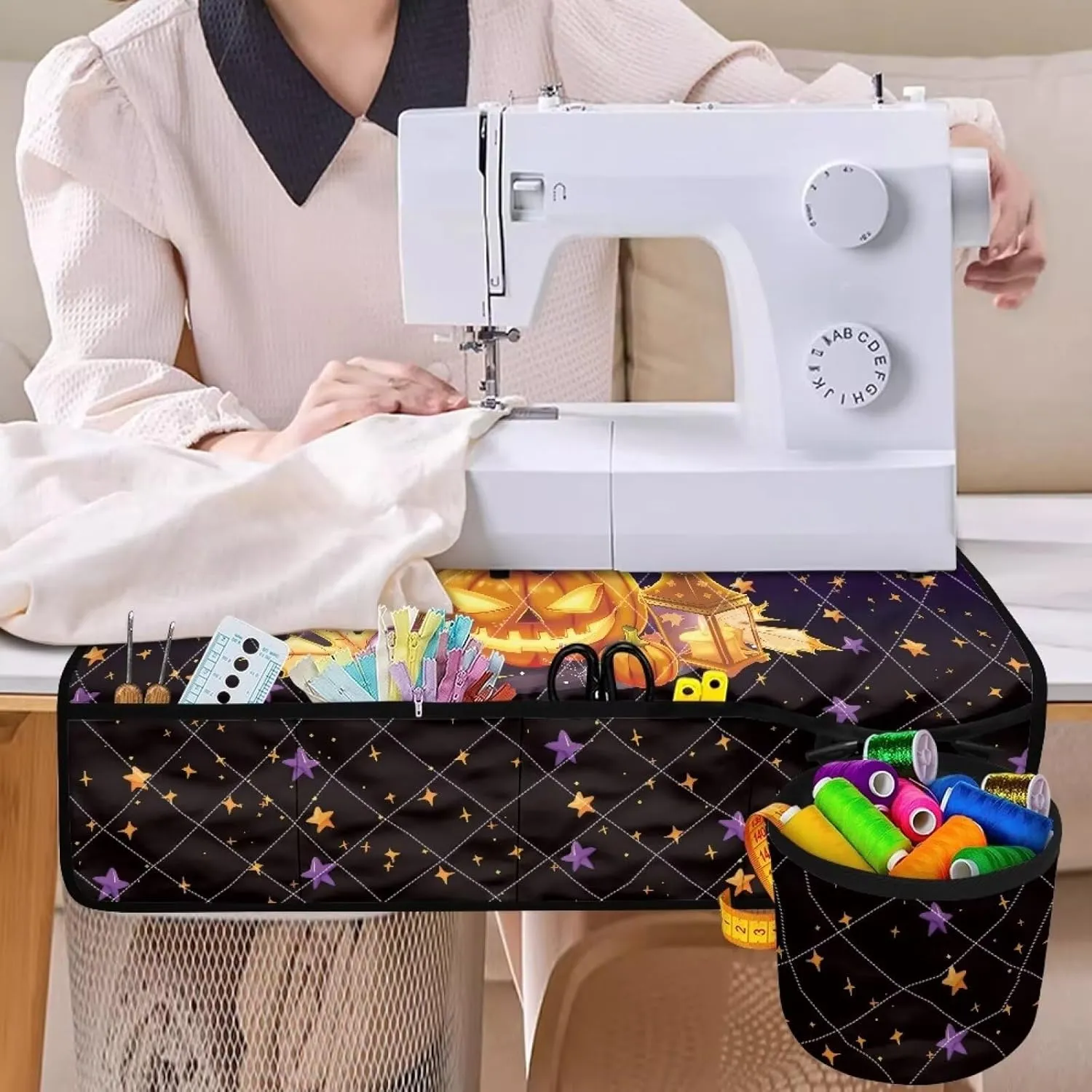 Black Cat Sewing Pad Organizer with Front Pockets & Cylinder Bag for Sewing Accessories Stain Resistant Serger & Overlock Machine Accessories Easy To Carry for Sewing Classes
