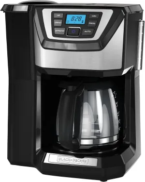 BLACK DECKER 12-Cup Mill and Brew Coffee Maker, Automatic Grind and Brew Drip Coffee Machine, Programmable, Sneak-A-Cup, Reusable Filter.