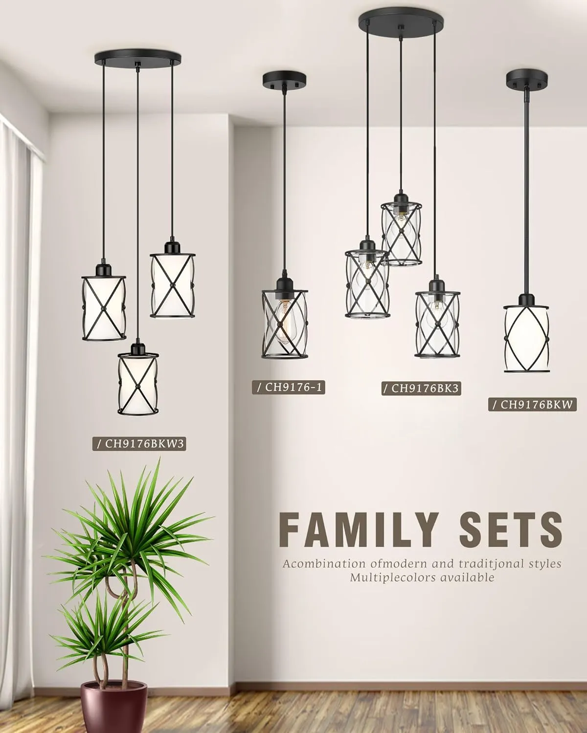 Black Dining Room Chandelier Light Fixtures, 3-Light Pendant Lighting with Clear Glass, Modern Kitchen Island Cluster Hanging Pendant Lights for Sink, CH9176BK3