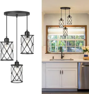 Black Dining Room Chandelier Light Fixtures, 3-Light Pendant Lighting with Clear Glass, Modern Kitchen Island Cluster Hanging Pendant Lights for Sink, CH9176BK3