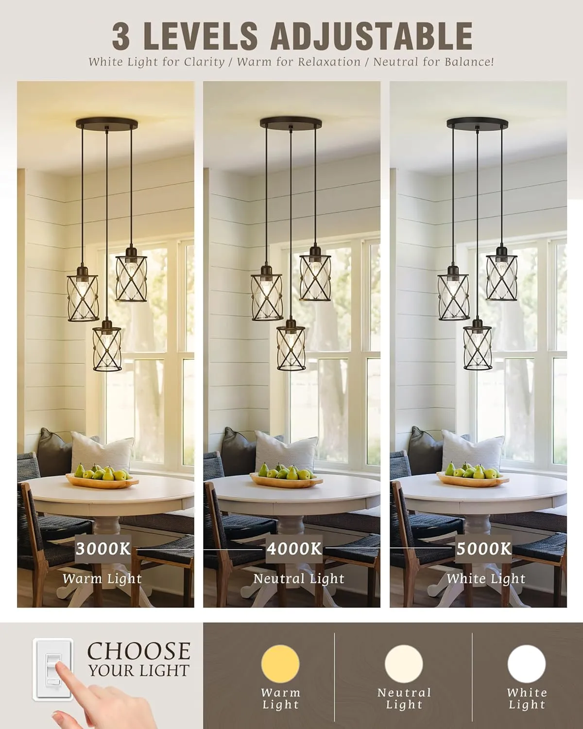 Black Dining Room Chandelier Light Fixtures, 3-Light Pendant Lighting with Clear Glass, Modern Kitchen Island Cluster Hanging Pendant Lights for Sink, CH9176BK3
