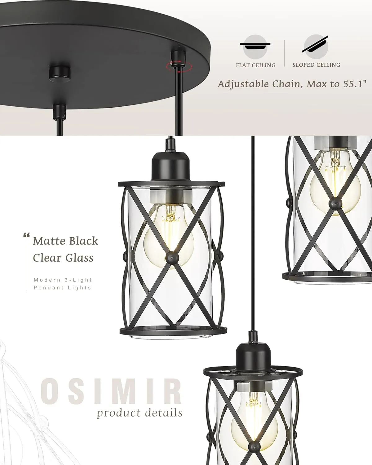 Black Dining Room Chandelier Light Fixtures, 3-Light Pendant Lighting with Clear Glass, Modern Kitchen Island Cluster Hanging Pendant Lights for Sink, CH9176BK3