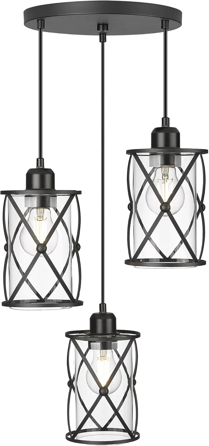 Black Dining Room Chandelier Light Fixtures, 3-Light Pendant Lighting with Clear Glass, Modern Kitchen Island Cluster Hanging Pendant Lights for Sink, CH9176BK3