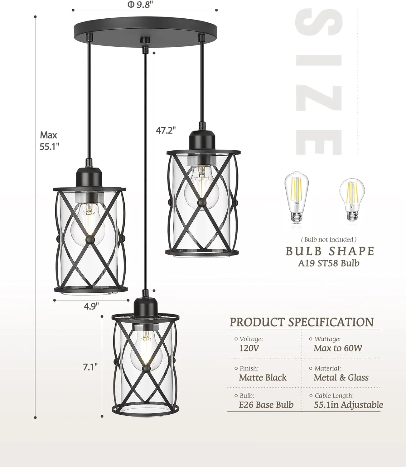 Black Dining Room Chandelier Light Fixtures, 3-Light Pendant Lighting with Clear Glass, Modern Kitchen Island Cluster Hanging Pendant Lights for Sink, CH9176BK3