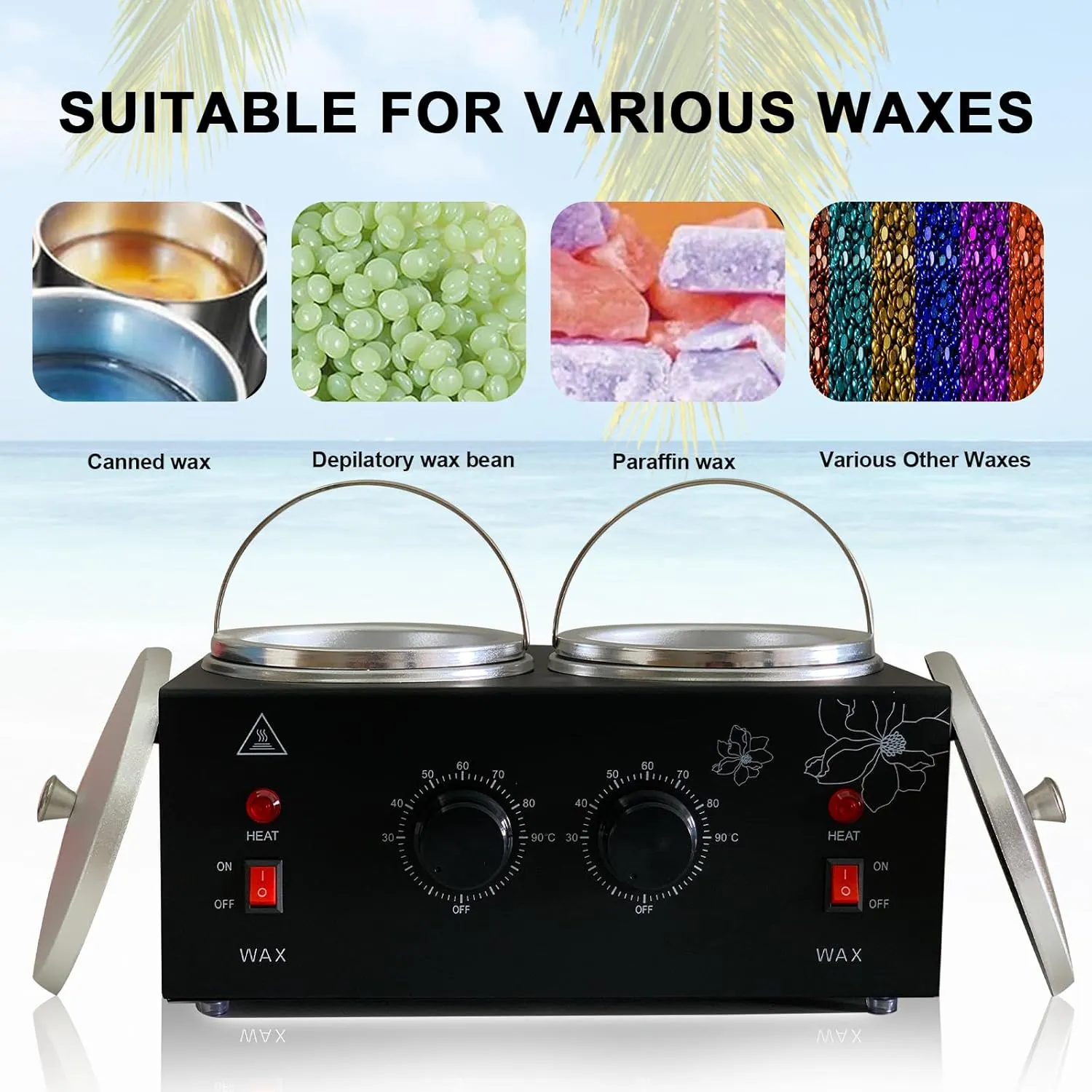 Black Double Pots Wax Warmer Professional Melted Wax Beads for Hair Removal,Fast Electric Wax Heater with Adjustable Temperature Set for Women (Black-Double Pots)