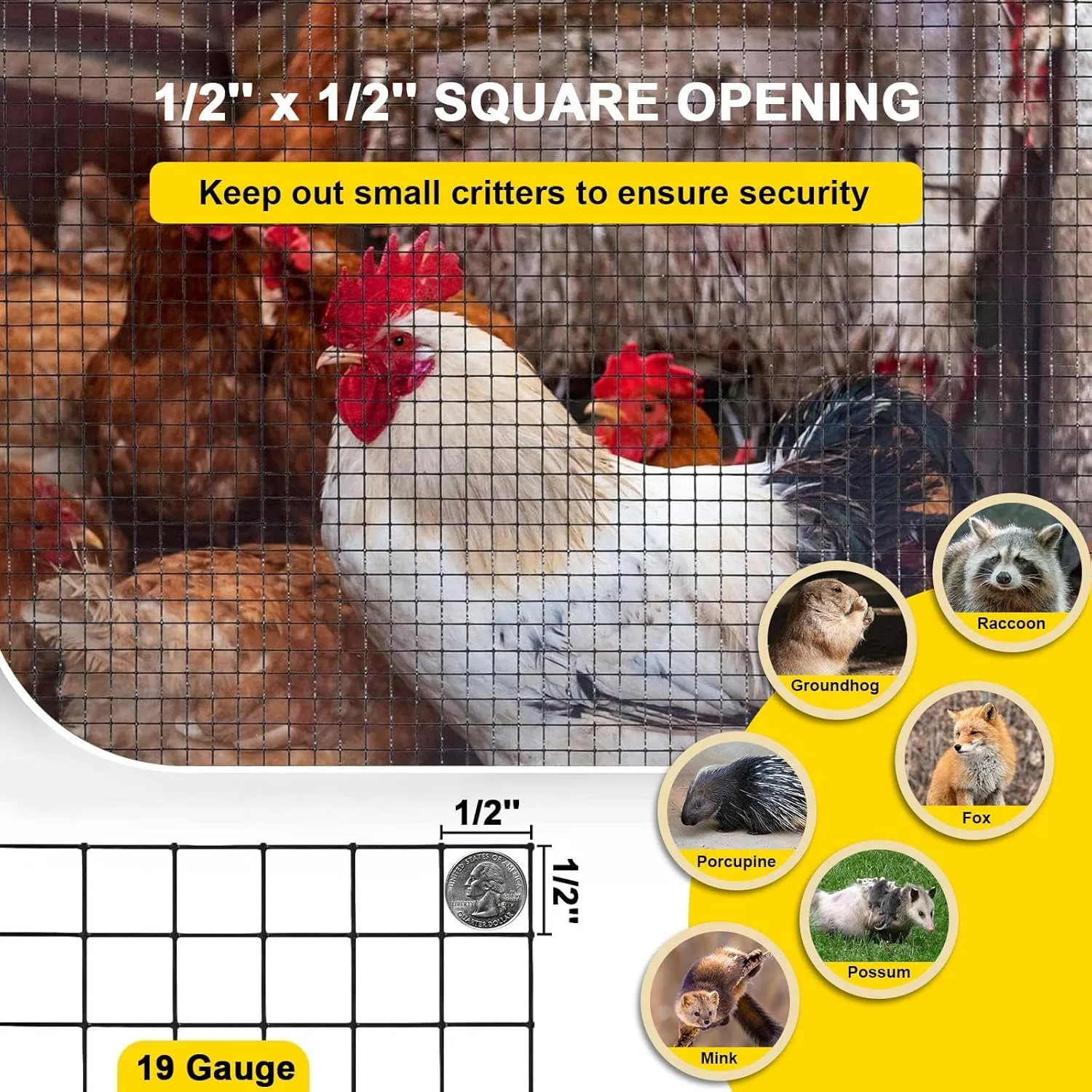 Black Hardware Cloth 4'' x 20' PVC Steel Vinyl Coated 1/2 inch Galvanized Wire Mesh Roll (19 GA) Chicken Wire Fence Roll, for coop Fences,Screen mesh, Rabbit/Snake Fences, Poultry enclosures, etc.